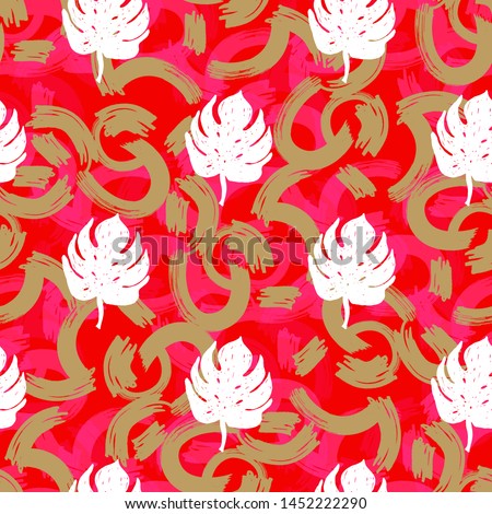 Monstera Flat Palm Leaves Seamless Pattern Print with Brush Strokes Background .