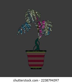 Monstera in a floor-standing flower vase with geometric pattern, tropical plant with abstract texture 