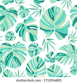 Monstera and foliage forest with leafs.  Exotic green seamless patern on white background. Swimwear texture. Vector illustration.