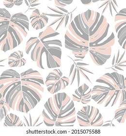 Monstera y follaje con hojas.  Patrona floral de color pastel sin costura sobre fondo blanco. Textura de la ropa de baño. Ilustración vectorial.