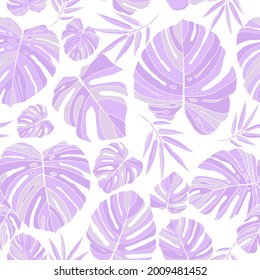 Monstera y follaje con hojas.  Patrona de hipster pastel sin costura sobre fondo blanco. Textura de la ropa de baño. Ilustración vectorial.