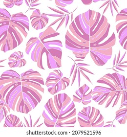 Monstera and foliage forest with leafs.  Hipster pink seamless patern on white background. Swimwear texture. Vector illustration.