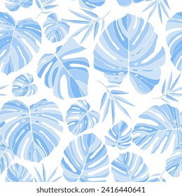 Monstera and foliage forest with leafs.  Hipster pastel seamless patern on white background. Swimwear texture. Vector illustration.