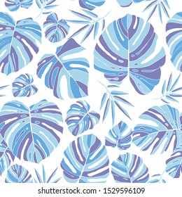 Monstera and foliage forest with leafs.  Jungle blue seamless patern on white background. Swimwear texture. Vector illustration.