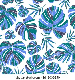 Monstera and foliage forest with leafs.  Nature blue seamless patern on white background. Swimwear texture. Vector illustration.