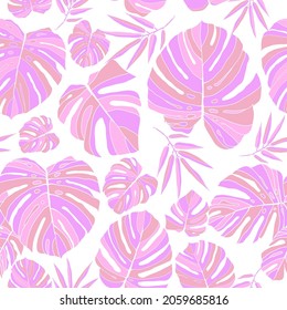 Monstera and foliage forest with leafs.  Nature pink seamless patern on white background. Swimwear texture. Vector illustration.