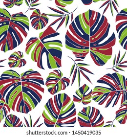 Monstera and foliage forest with leafs.  Summer colour seamless patern on white background. Swimwear texture. Vector illustration.