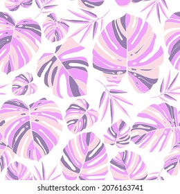 Monstera and foliage forest with leafs.  Tropic pink seamless patern on white background. Swimwear texture. Vector illustration.