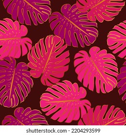 Monstera gold leaf seamless pattern. Vector botanical wallpaper template. Graphic elegant textile print. Luxury pink background.