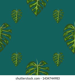 Monstera, green beautiful detailed leaves assembled into a seamless pattern.
