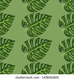 Monstera, green beautiful detailed leaves assembled into a seamless pattern.