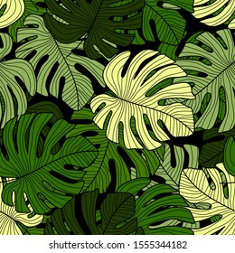 Monstera green leaves seamless pattern on black background. Design for printing, textile, fabric, fashion, interior, wrapping paper. Vector illustration