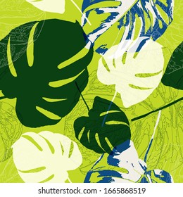 
Monstera. Homemade, tropical flowers. Seamless vector pattern with tropical flowers.