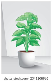 monstera house plant (Monstera deliciosa) isolated on interior background in vector illustration