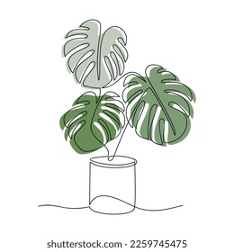 Monstera Hauspflanze in Topf eine Linie kontinuierliche Zeichnung Vektorgrafik. Handgezeichnetes lineares Symbol. Grüne Blätter Silhouette. Minimales Design, botanischer Druck, Banner, Karte, Wand-Kunst-Poster, Logo.