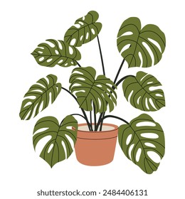 Planta de casa Monstera en maceta de flores. Planta interior en maceta en el suelo en maceta. Oficina de moda y planta para el hogar para la decoración de interiores. Ilustración plana de la flor del Vector aislada en un fondo blanco.