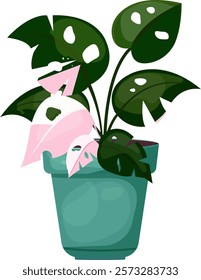  Monstera houseplant in flower pot. Tropical plant. Indoor potted plant. Trendy office and home plant for interior. Vector illustration