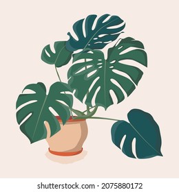 Monstera Houseplant Illustration. Scandinavian Cozy Home Decor. Flat Vector Cartoon Icon Illustration Of House Plant Isolated