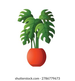 Monstera icon vector, monstera house plant vector illustration, monstera plant in red pot vector art, monstera clip art, isolated on white background