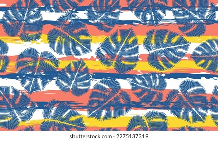 Der Monstera-Dschungel hinterlässt florale Wiederholungsrapport auf Streifen-Hintergrund. Vintage Tapete swatch Summer Design. Hawaiianisches Monsterafolien. Blumenhintergrund.