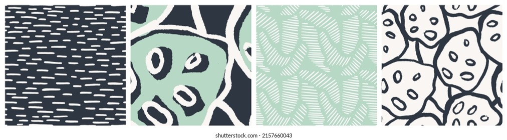 Monstera, large tropical leaf seamless pattern set. Exotic foliage hand drawn graphic in trendy dark grey, off-white and mint colors.