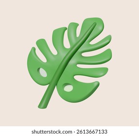 Monstera leaf in 3D style isolated on beige background. Tropical plant element. Exotic nature and summer vacation concept.