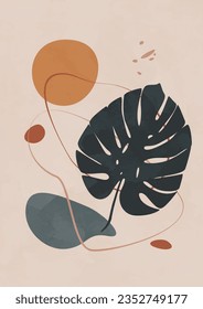 Monstera leaf and abstract shapes. Abstract boho poster. Modern bohemian style background for art print, poster, card, decor, tote bag.  Stock vector illustration