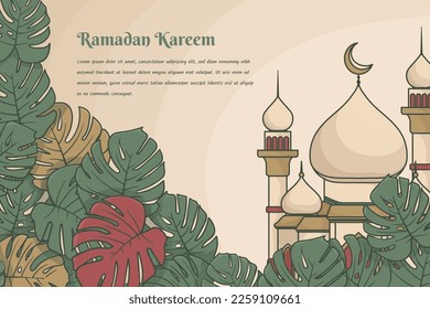 Monstera-Laubhintergrund mit Moschee in handgezeichnet Cartographie-Design für Rmadan-Kareem-Vorlage