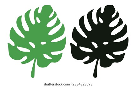 Monstera leaf. Black and green icon isolated on a white background. Vector clipart.