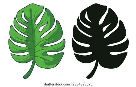 Monstera leaf. Black and green icon isolated on a white background. Vector clipart.