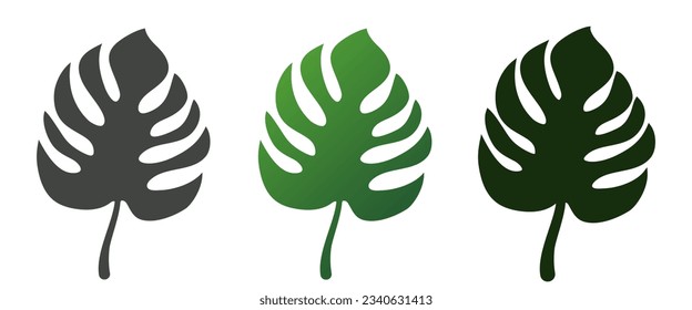 Monstera leaf. Black and green icon isolated on a white background. Vector clipart.	