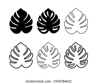 Monstera Leaf Black Silhouette Vector Icon Drawing.Tropical exotic outline isolated stencil leaves set.Posters,Cards,Photo,Overlay, Print,Vinyl wall sticker decal.Plotter laser cutting cut.Decoration.