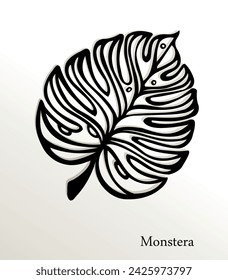 Monstera Leaf Black Silhouette Vector Icon Drawing.Tropical exotic outline isolated stencil sign.Poster,Pattern,Card,Photo,Overlay,Print,Vinyl wall sticker decal.Plotter laser cutting cut.Decoration.