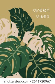 Monstera leaf card. Tropical leaves, poster design. Green foliage, leafy greenery background with large exotic variegated plant, fresh mottled leafage in modern style. Flat vector illustration