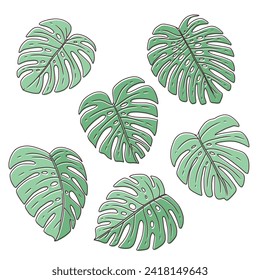 Monstera leaf collection, simple line drawing, doodle style. Set of exotic leaves