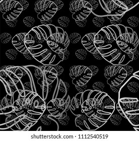 Monstera leaf composition in different sizes. Vector illustration in black background. Digital art. Abstract seamless background.