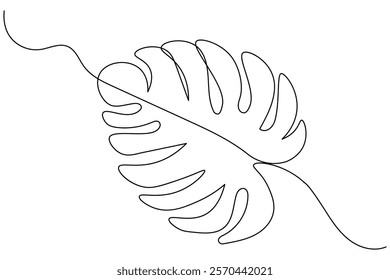 Monstera leaf continuous one line drawing and leaf icon isolated flat vector illustration