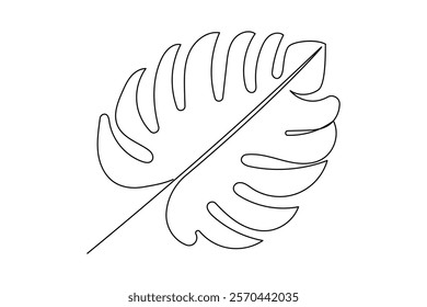 Monstera leaf continuous one line drawing and leaf icon isolated flat vector illustration