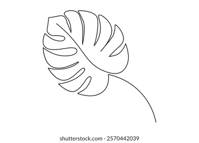 Monstera leaf continuous one line drawing and leaf icon isolated flat vector illustration