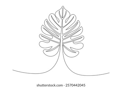 Monstera leaf continuous one line drawing and leaf icon isolated flat vector illustration