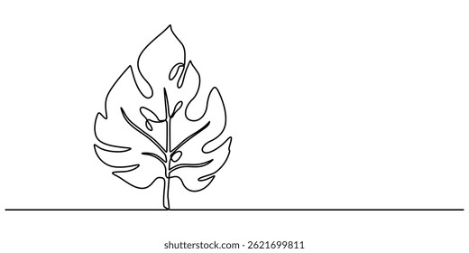 Monstera leaf continuous one line drawing and leaf icon isolated flat vector illustration, One continuous line drawing monstera leaf vector illustration. Tropical leaf monoline design, minimalist line