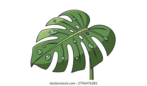 Monstera leaf with dew drops on it