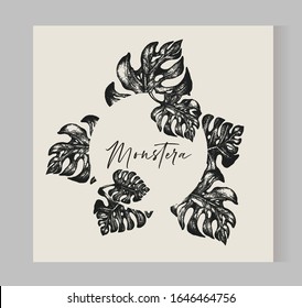 monstera leaf frame, graphic design element, isolated circle, floral botanical border. tropical composition. wedding invitation, poster template, flourishes.