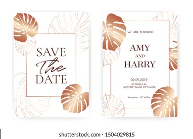 Monstera Leaf Gold Luxury style collection design Wedding Invitation cards, save the date, invitation template, brochure. Business identity style. Invite Vector.