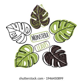 Monstera Leaf Green Black Silhouette Vector Icon Drawing.Tropical exotic outline stencil leaves.Cards,Patterns,Print,Vinyl wall sticker decal.Plotter laser cutting.Floral decor element.Decoration.DIY.