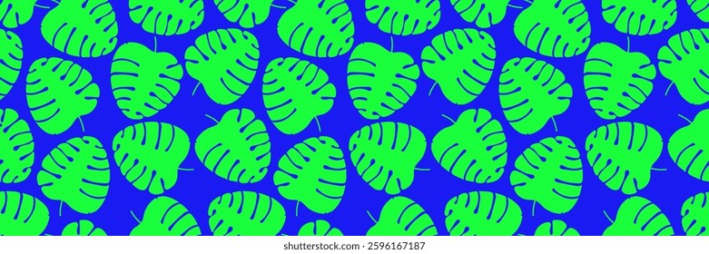 Monstera leaf. Green, blue and black seamless pattern. Composition with leaves in a minimalist style. Vector background for banner, poster, festival, music and parties