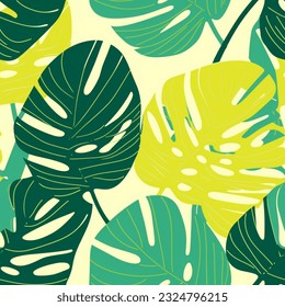Monstera Leaf Green Lime Lemon Abstract Line Art Leaf Fern Plant Scandinavian Design Seamless Pattern Spring Summer Vibrant Wallpaper Curtain Bedding Background
