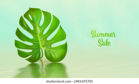 Monstera leaf. Green leaf. Summer sale banner. Summertime poster. Summer product template. Blue yellow background. Design for cosmetics, spa, wellness, health care products. Vector illustration.