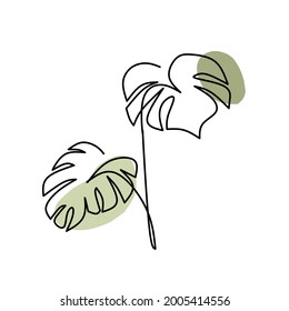 Monstera leaf image. Abstract botanical art. editable line. Abstract aesthetic background scenery. Earth tones, pastel colors. Boho wall decor. Mid-century modern minimalism. Simple illustration.