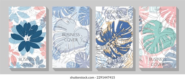 Monstera leaf isolated on white background, summertime hand drawn watercolour banners set, front, top view.